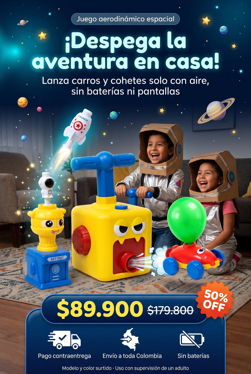 Niños astronautas lanzando el Power Balloon 6 en 1 en una sala convertida en galaxia, $89.900