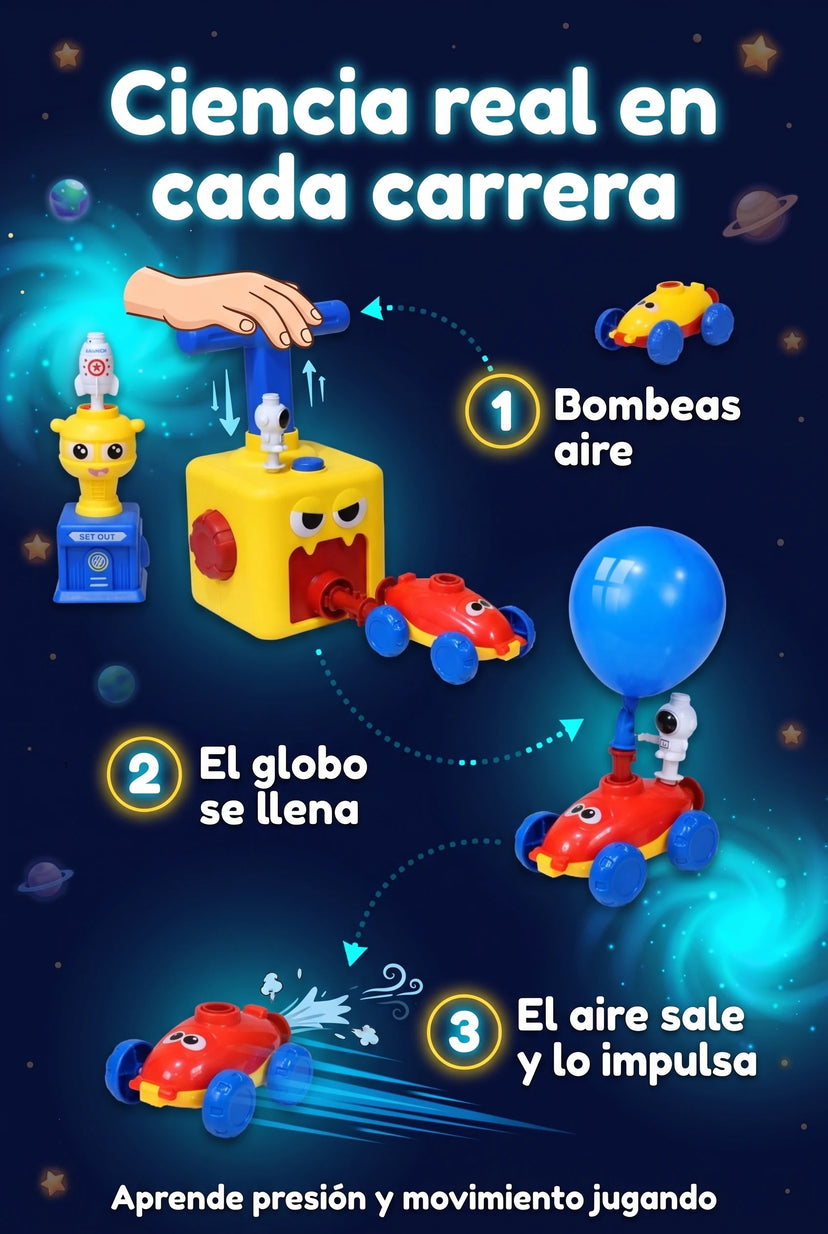 Ciencia real: bombeas aire, el globo se llena y el aire impulsa el carro