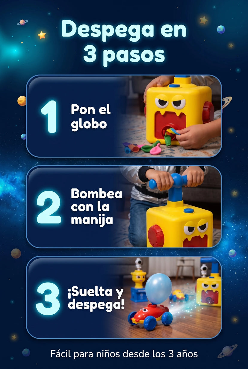 Despega en 3 pasos: pon el globo, bombea con la manija, suelta y despega