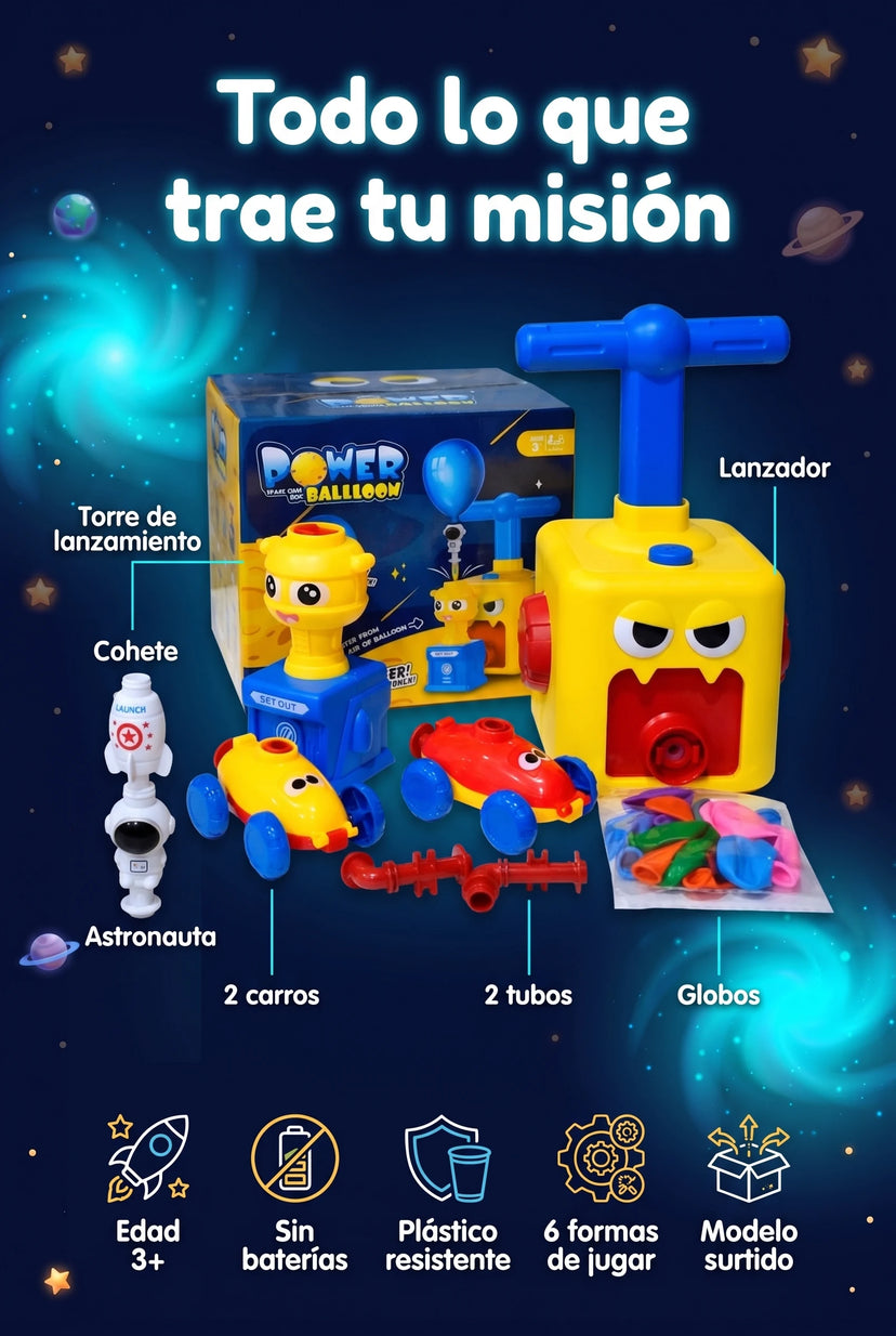 Qué incluye: lanzador, torre de lanzamiento, 2 carros, cohete, astronauta, 2 tubos y globos