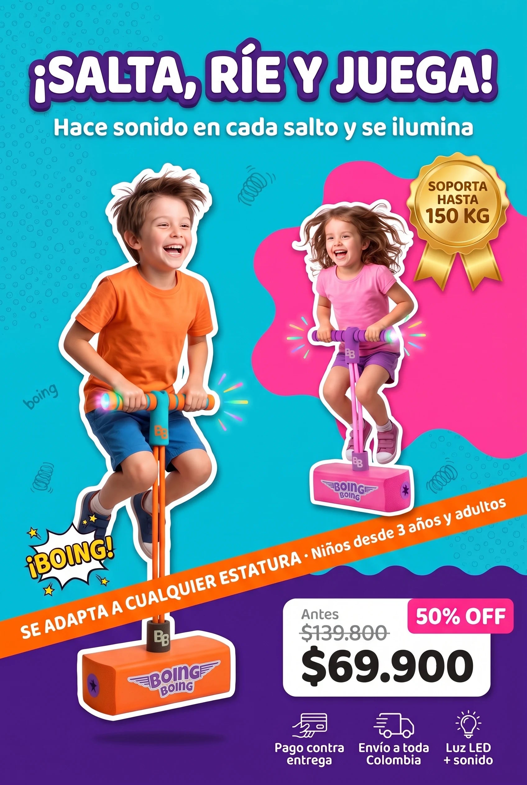 Niño y niña saltando en el Saltarín Boing Boing con luces LED, soporta hasta 150 kg, $69.900