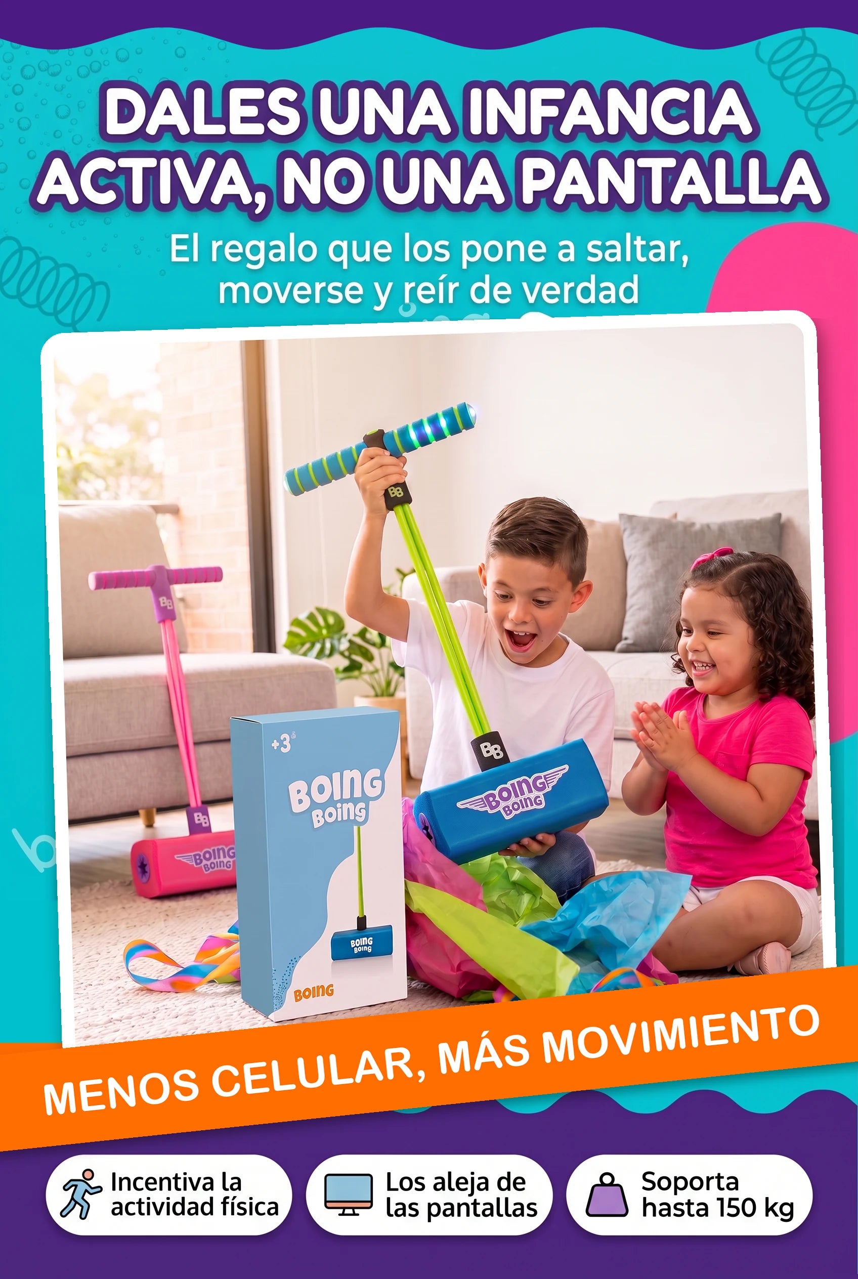 Niños destapando la caja del Saltarín Boing Boing: dales una infancia activa, no una pantalla