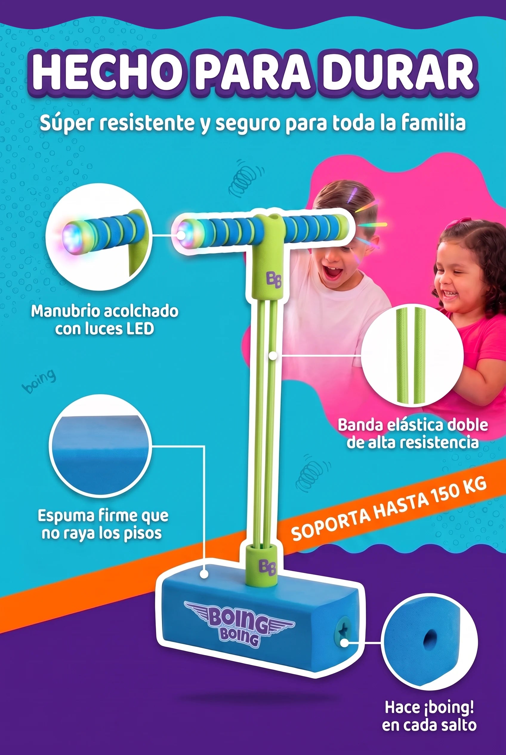 Detalles del Saltarín Boing Boing: manubrio con luces LED, banda elástica doble, espuma firme