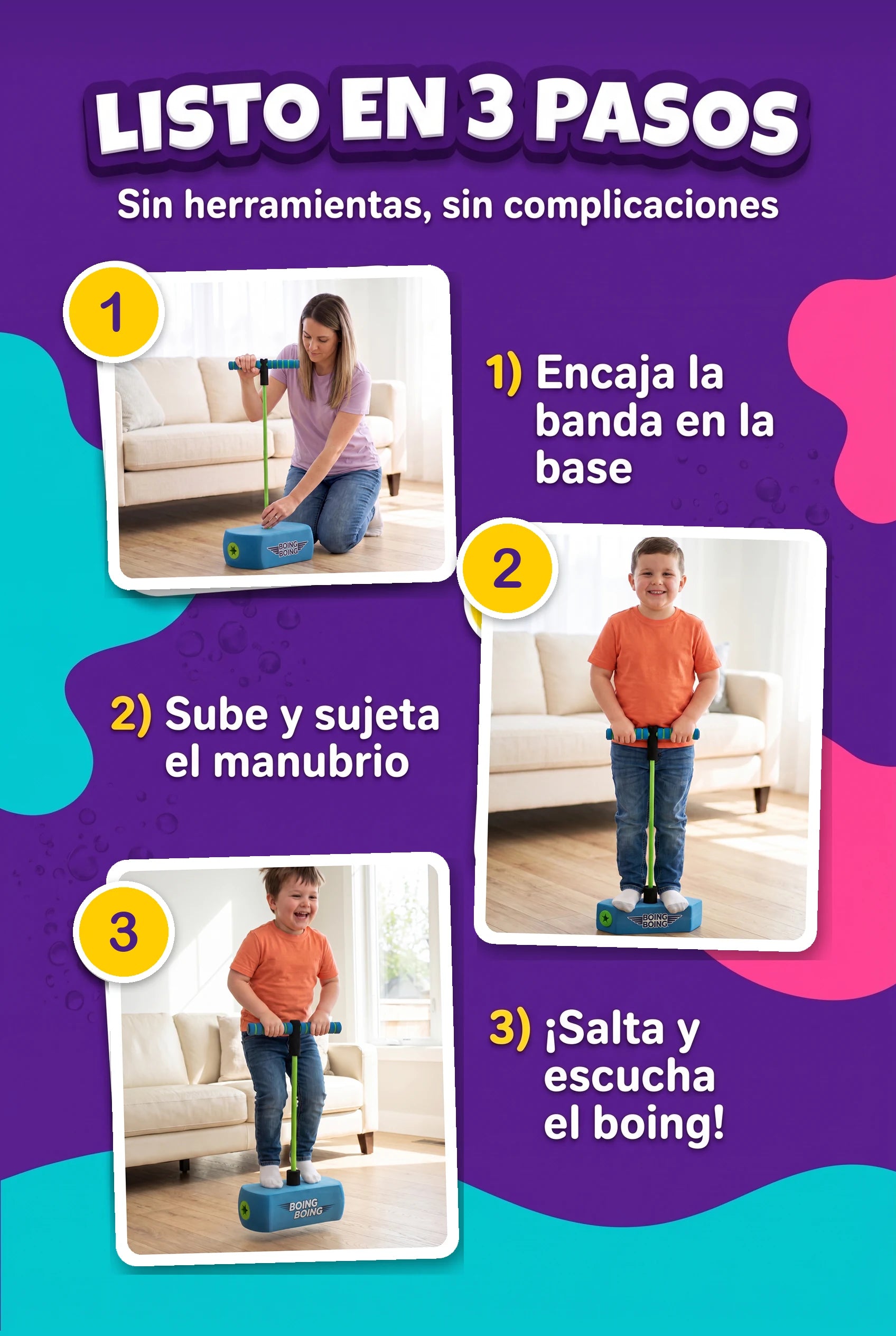 Listo en 3 pasos: encaja la banda en la base, sube y sujeta el manubrio, salta