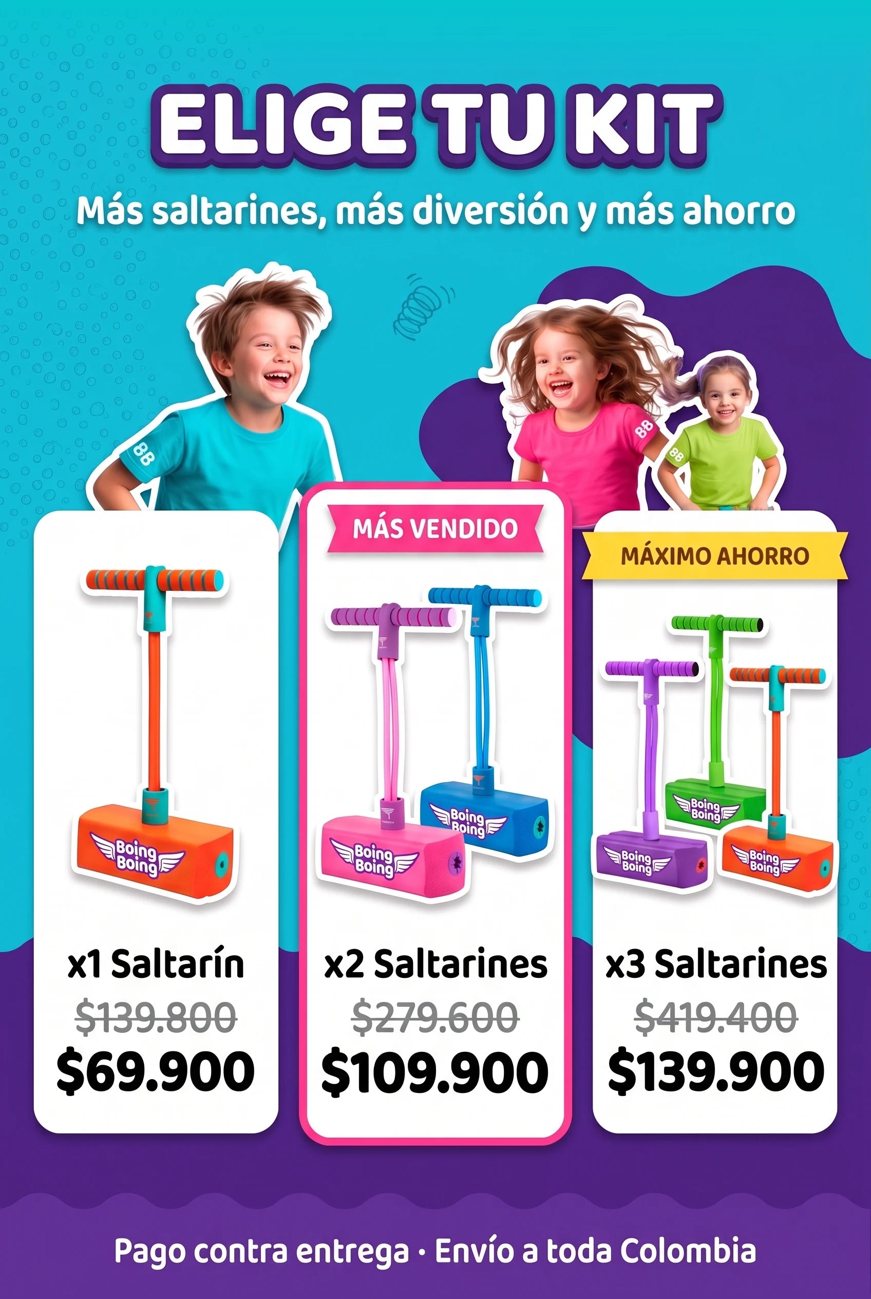 Kits: 1 saltarín $69.900, 2 saltarines $109.900, 3 saltarines $139.900
