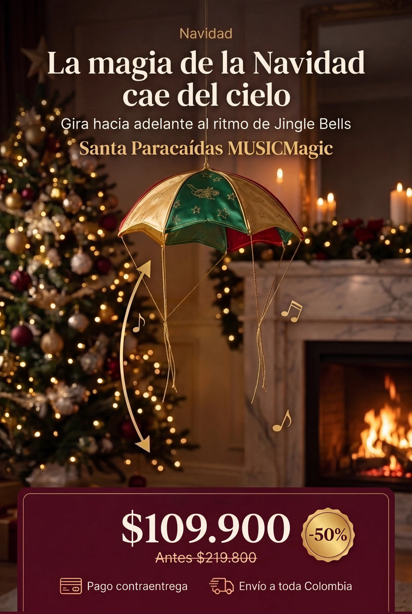 Santa Paracaídas MUSICMagic colgando en una sala navideña, $109.900 antes $219.800
