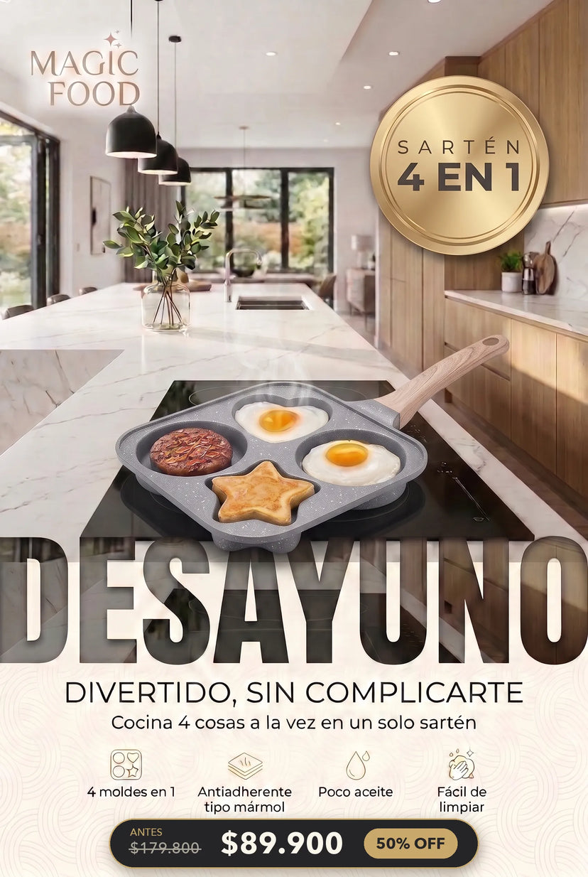 Sartén Antiadherente 4 en 1 MAGIC FOOD en cocina premium, desayuno con moldes de corazón y estrella