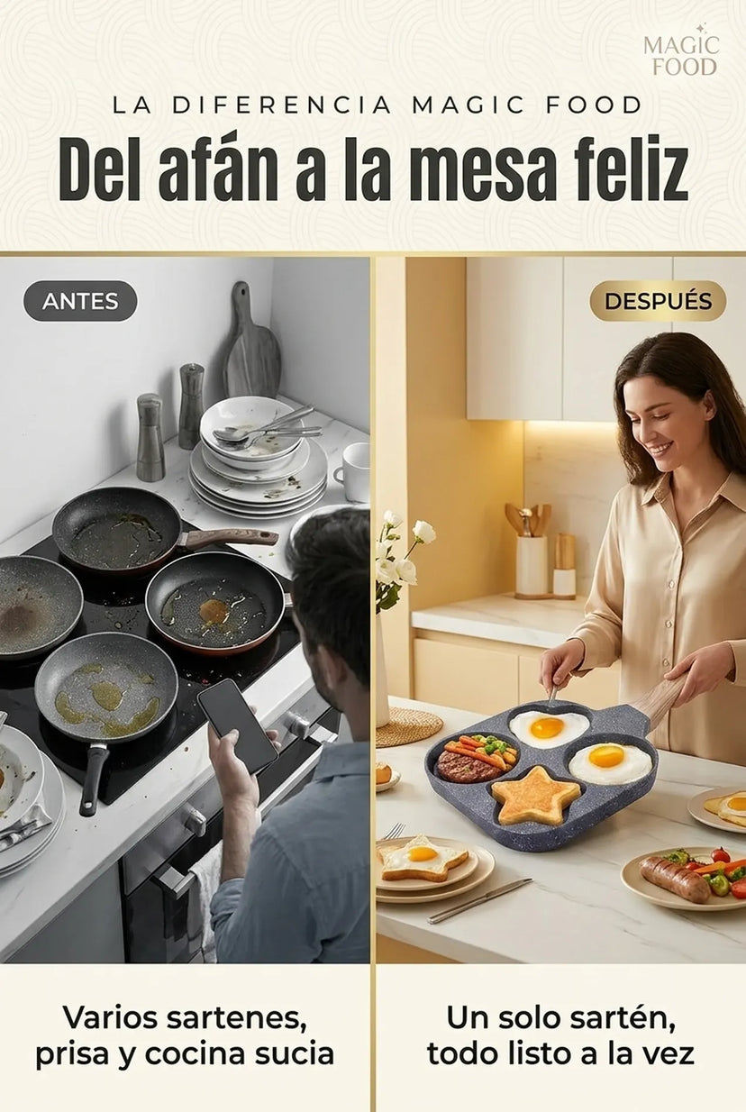 Antes y después: varios sartenes y prisa contra un solo sartén con todo listo a la vez