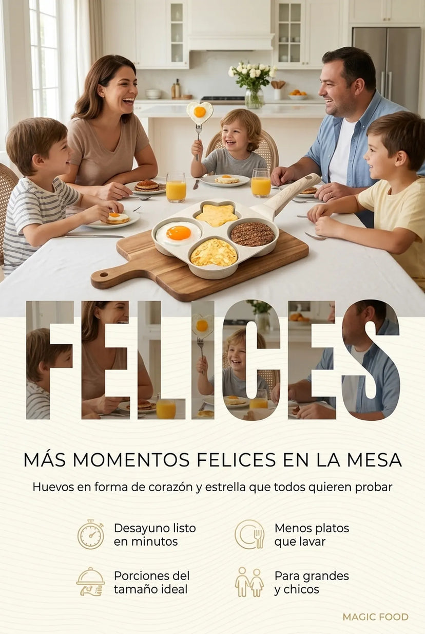 Familia desayunando feliz con huevos y pancakes en forma de corazón y estrella
