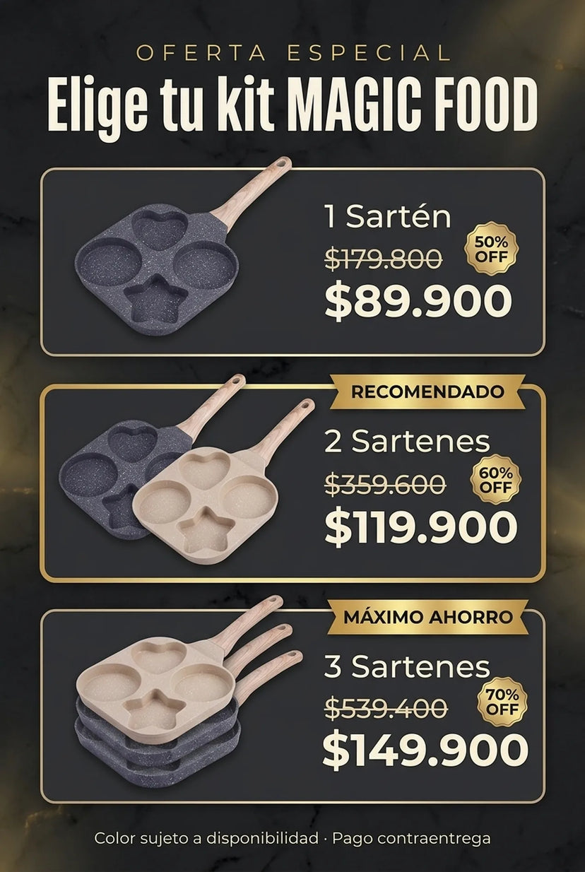 Kits MAGIC FOOD: 1 sartén $89.900, 2 sartenes $119.900, 3 sartenes $149.900