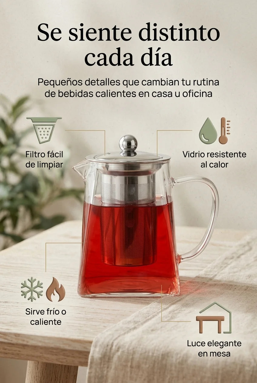 Beneficios de la Tetera LuxuryTe: filtro fácil de limpiar, resiste calor y frío, diseño elegante