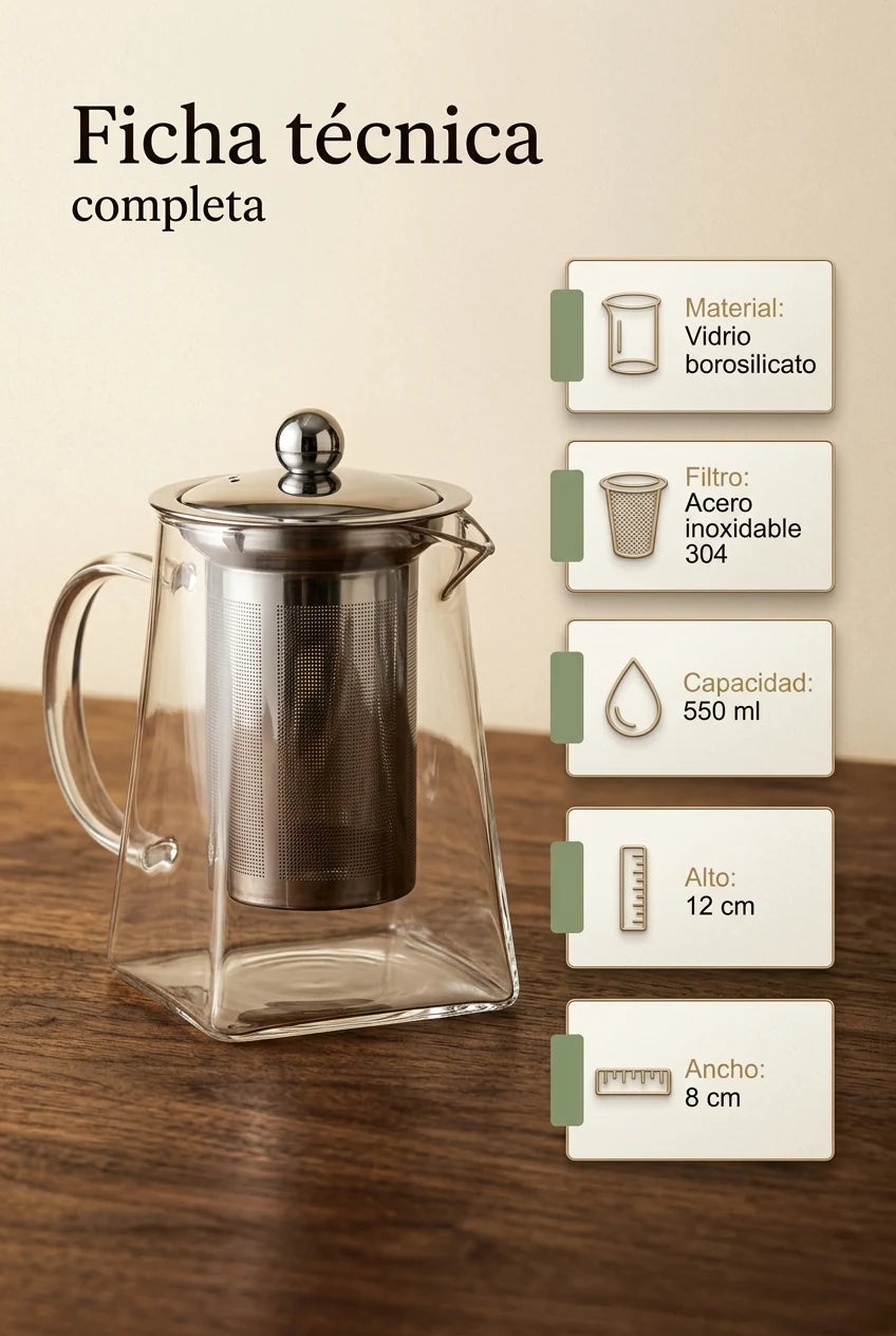Ficha técnica de la Tetera LuxuryTe: vidrio borosilicato, filtro acero 304, 550ml, 12x8cm
