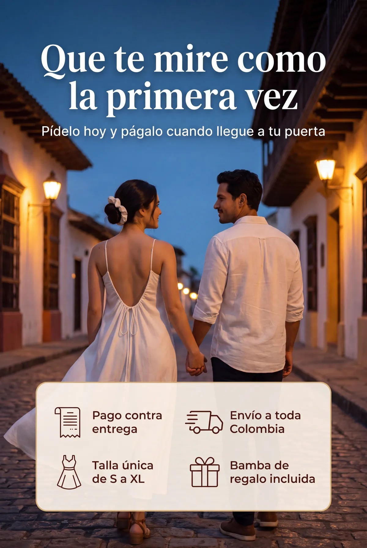 Pareja caminando, ella con vestido blanco de espalda descubierta