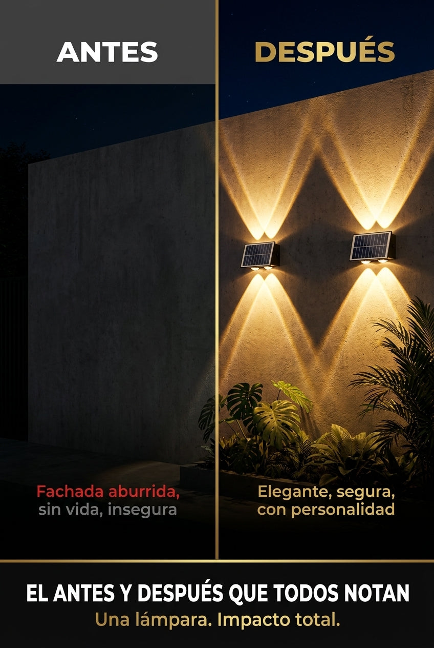 Antes y después de instalar la lámpara solar bidireccional en fachada colombiana