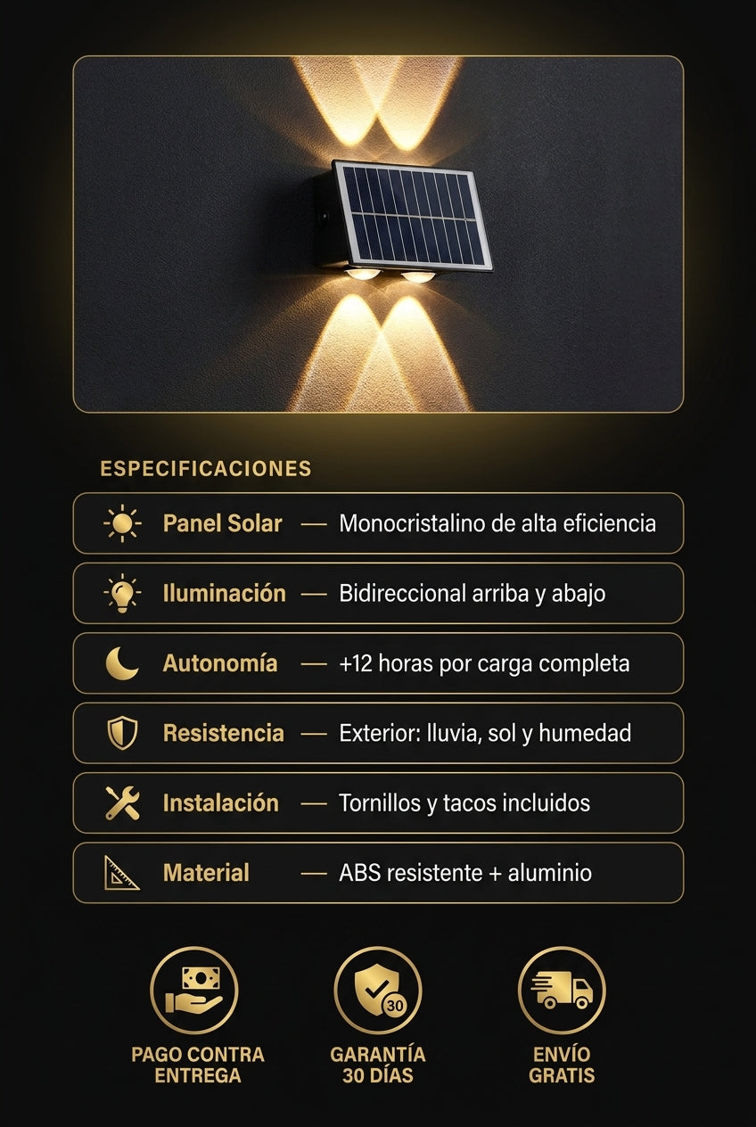 Especificaciones técnicas — panel solar, LEDs bidireccionales, resistente al clima